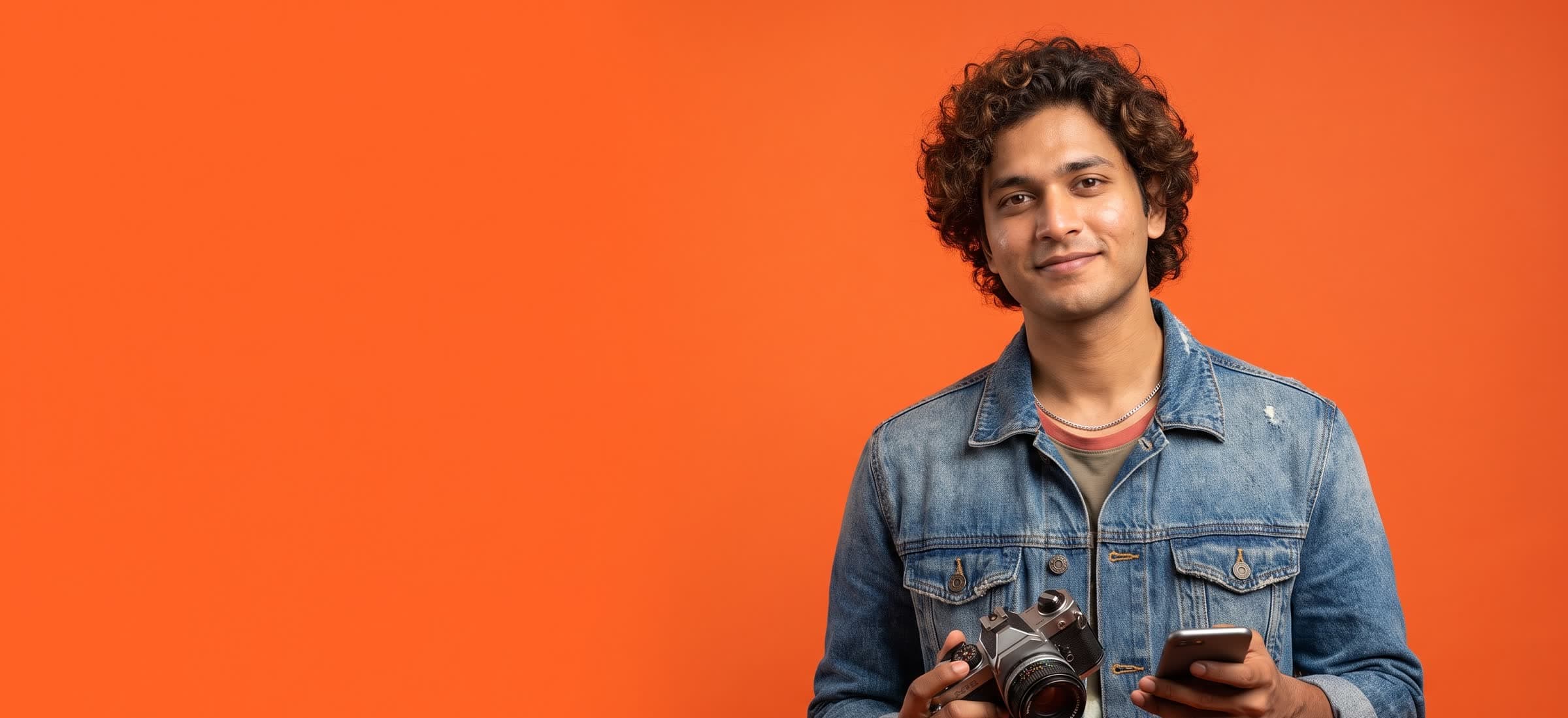 A photographer in a denim jacket holding a camera and his phone, smiling