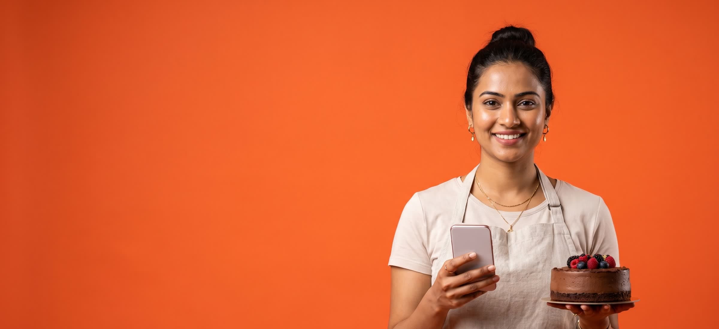 A home baker in an apron holding her phone and a chocolate cake, smiling