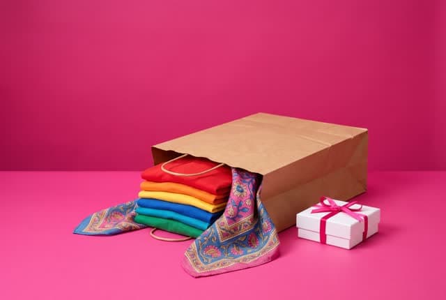 A shopping bag spilling colourful clothes